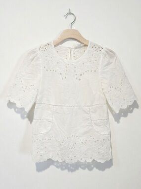Anthropologie Forever That Girl White Eyelet Crochet Short Scallop Sleeve Blouse